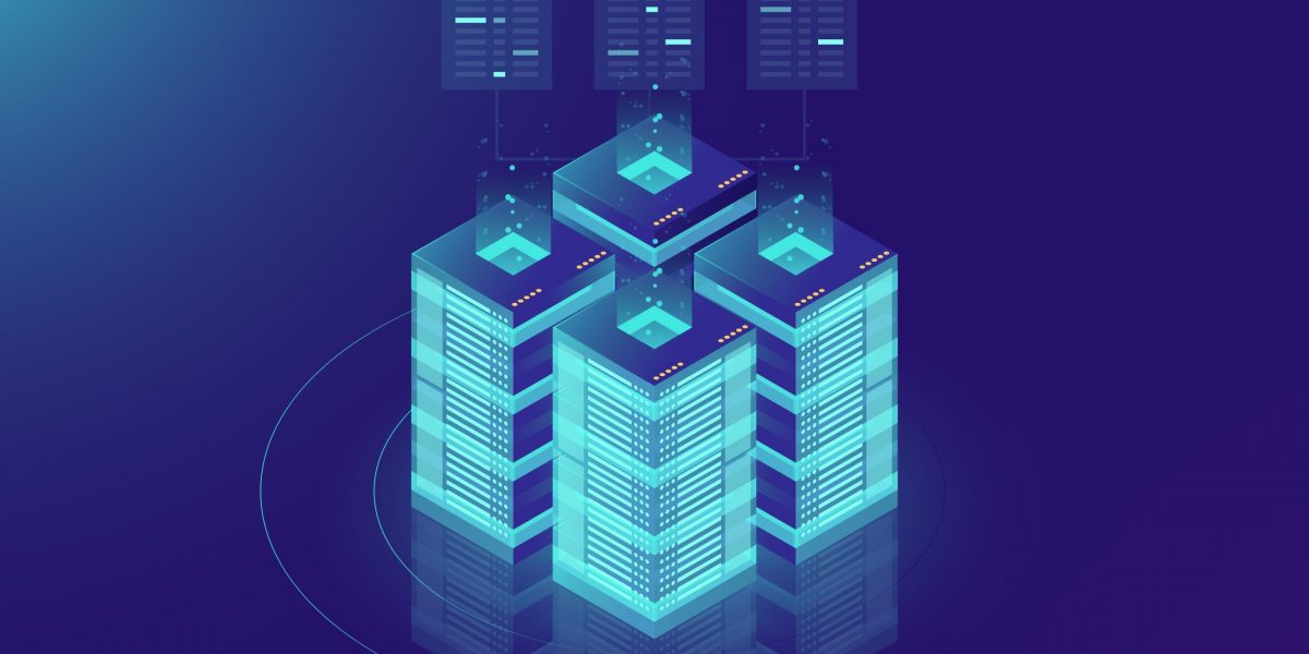 Isometric Server room and big data processing concept, datacenter and data base icon, digital information technology, neon dark gradient